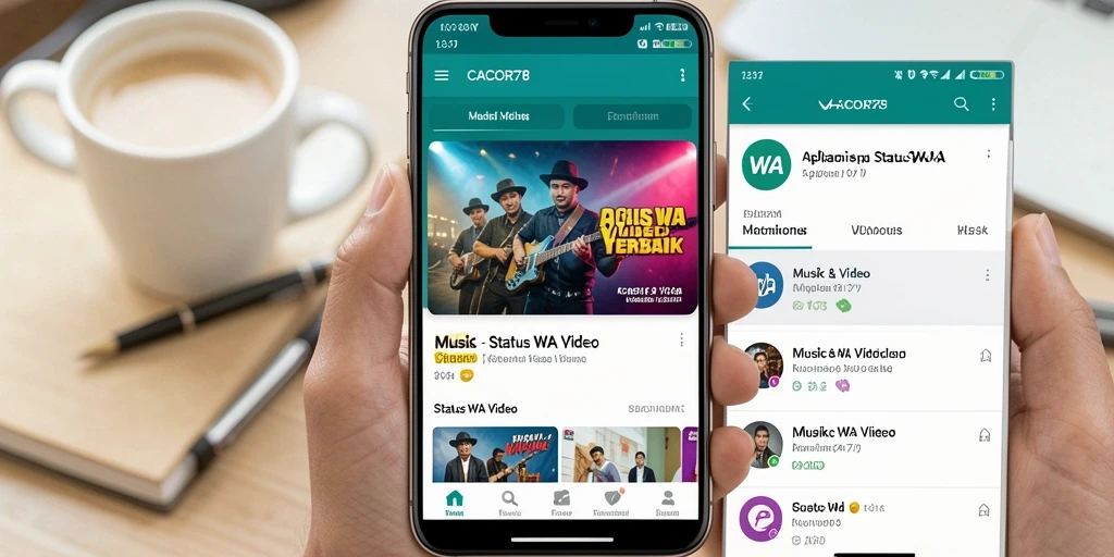 Antarmuka CACOR78 dengan pilihan Status WA Video yang beragam.