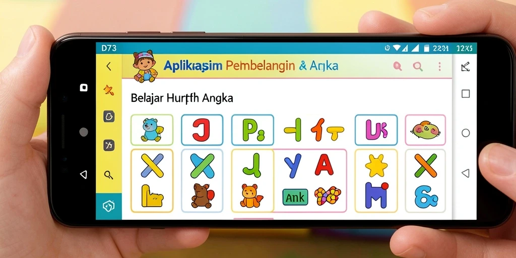 Antarmuka D73 yang ceria dan interaktif untuk belajar huruf dan angka.
