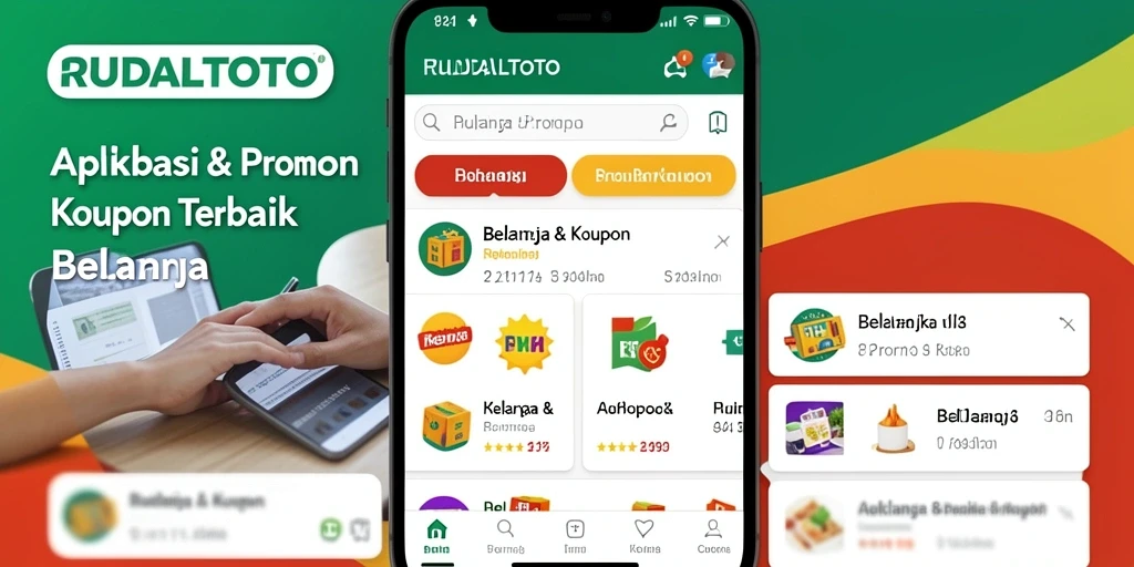 Tampilan antarmuka aplikasi RUDALTOTO dengan berbagai kupon menarik.